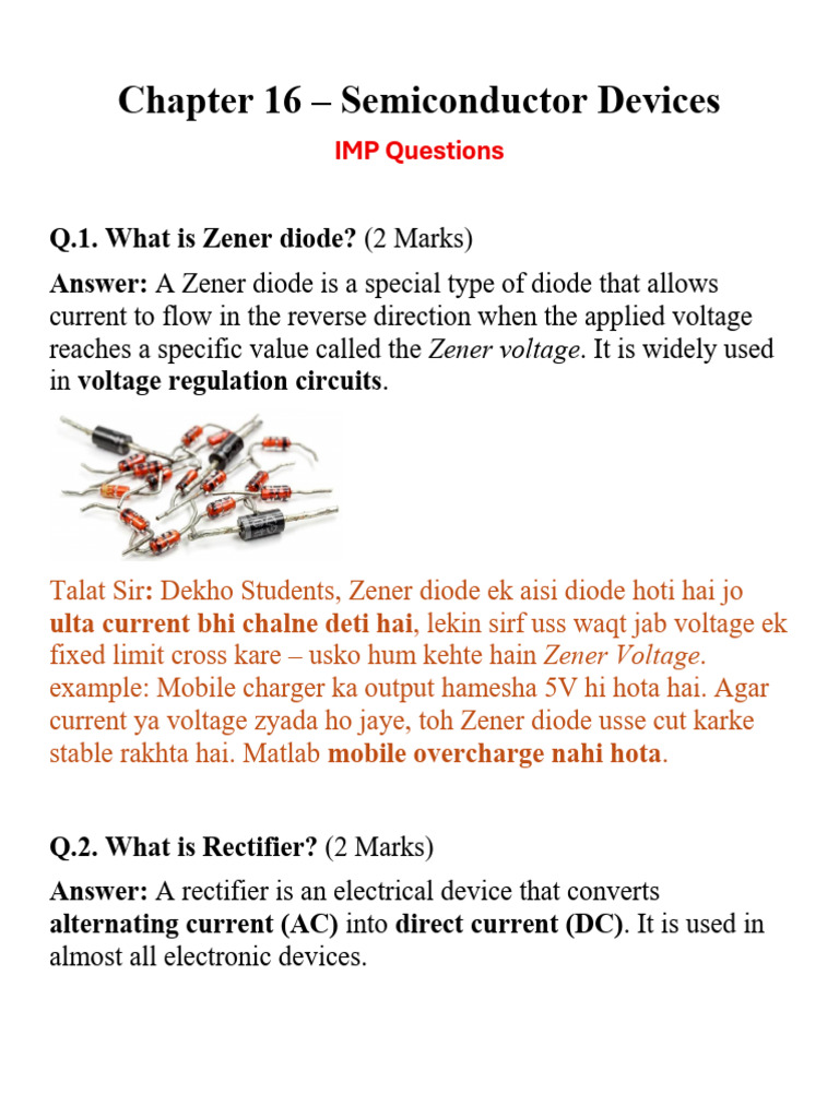 Imp Questions #Physics Chapter 16 - Semiconductor Devices | PDF