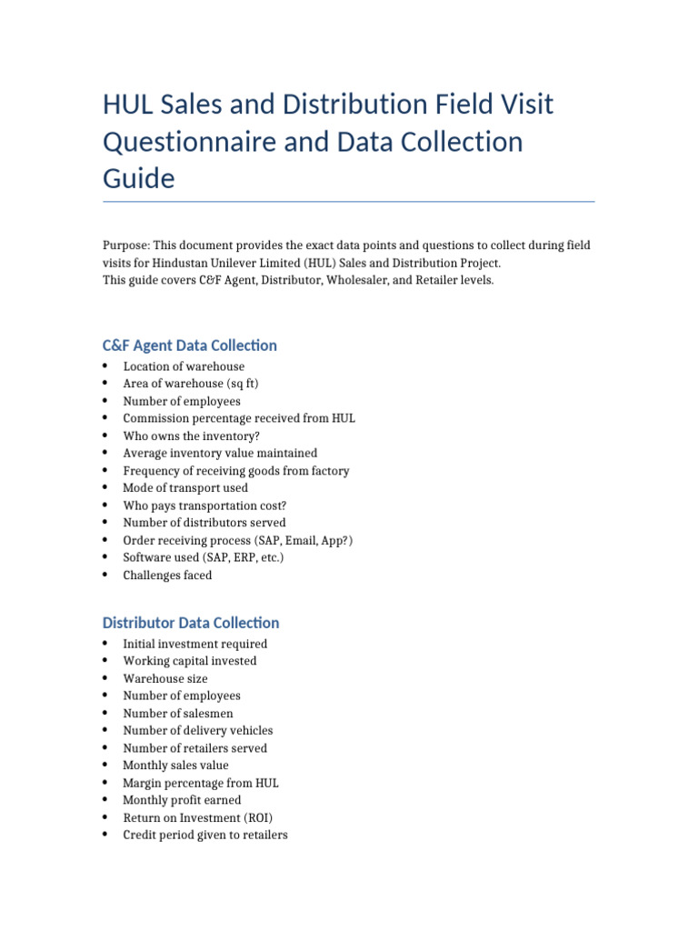 HUL Field Visit Questionnaire | PDF
