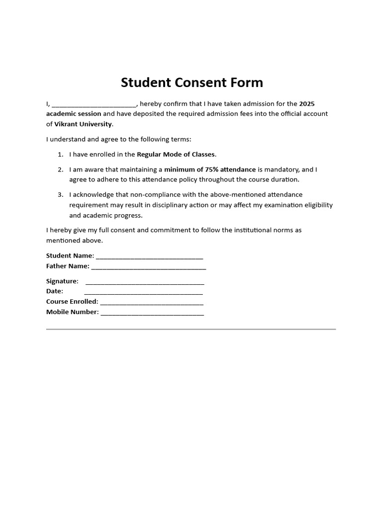 Vikrant University Student Consent Form (2025 Session) | PDF