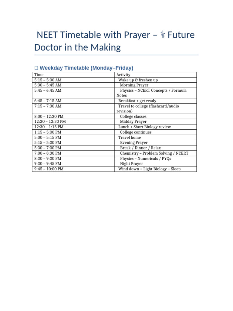 NEET Timetable Attractive Doctor Edition | PDF