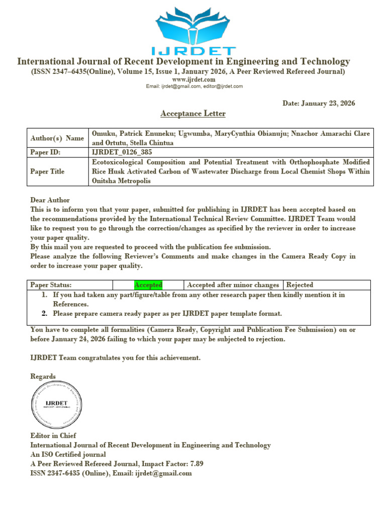 Ugwumba Paper IJRDET 0126 385 Acceptance Letter | PDF | Academic ...