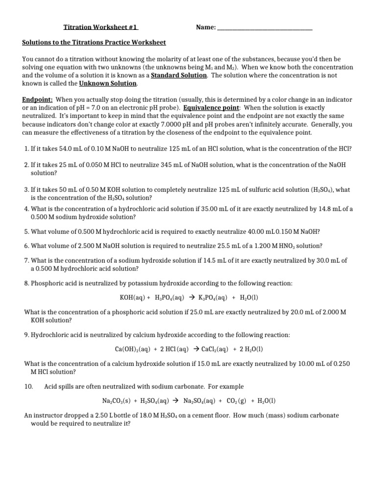Worksheet - Titration 1 | PDF | Sodium Hydroxide | Acid