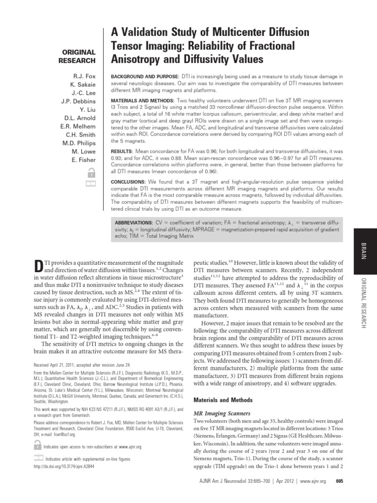 A Validation Study of Multicenter Diffusion Tensor Imaging | PDF