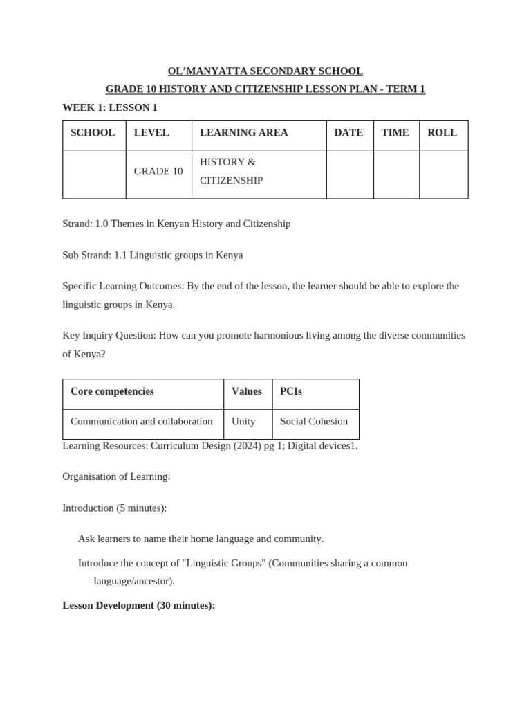 Grade 10 Term 1 History Lesson Plans | PDF | Curriculum | Learning