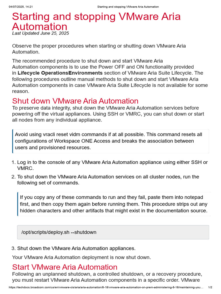 Starting and Stopping VMware Aria Automation | PDF | Software ...