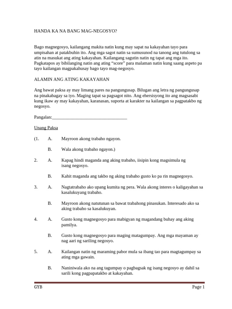 1 Personal Assessment Tagalog Version 1 | PDF