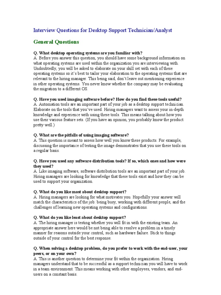 Interview Questions For Desktop Support Technician Computer