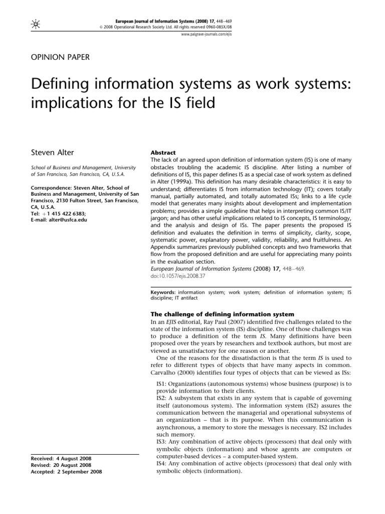 Alter S Defining Information Systems As Work Syste | PDF | System ...