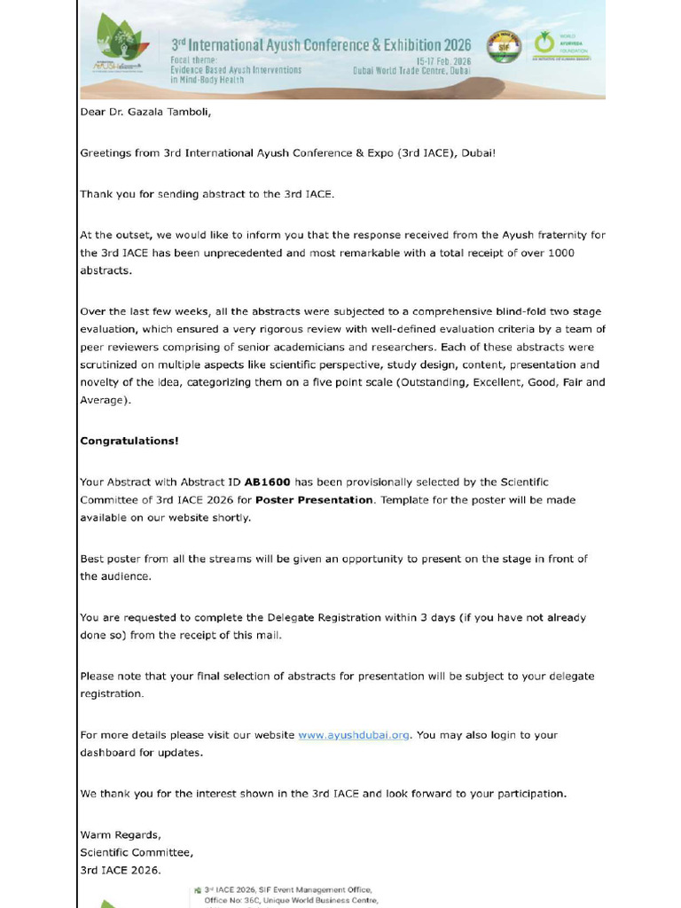 Abstract Acceptance Letter | PDF