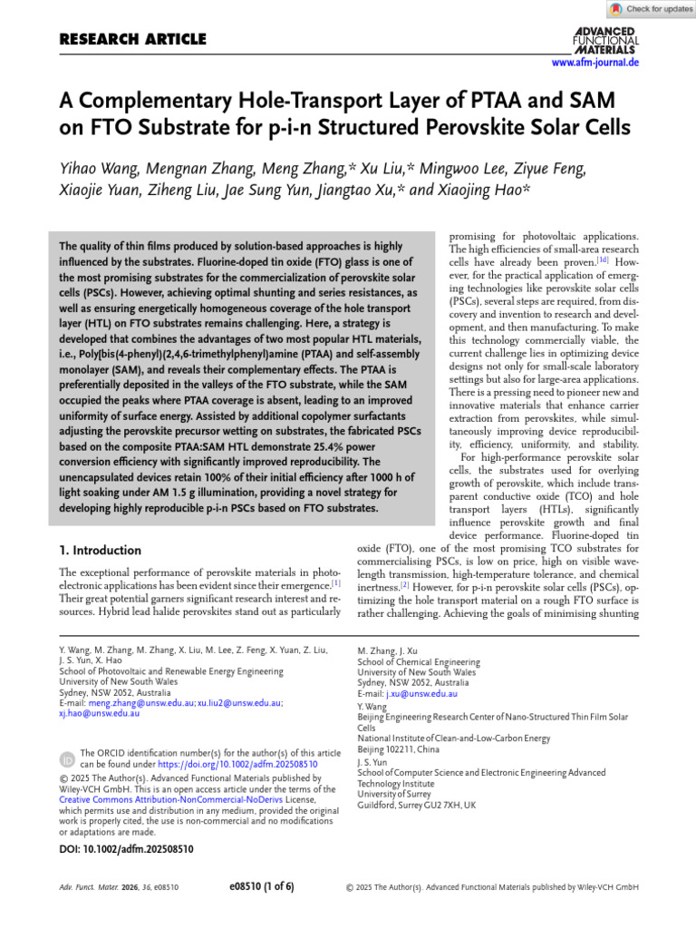 Adv Funct Materials - 2025 - Wang - A Complementary Hole Transport ...