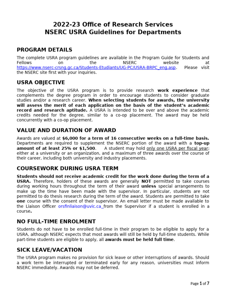 NSERC USRA Guidelines For Departments - 2022-23 | PDF | Supervisor | Métis