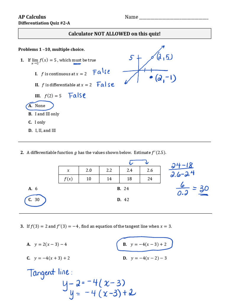 AP Quiz Unit 2 Form A Key | PDF | Tangent | Mathematics