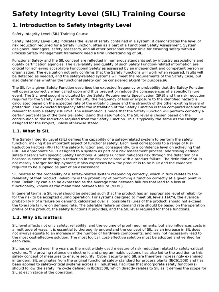Safety Integrity Level (SIL) Training Course | PDF | Reliability ...