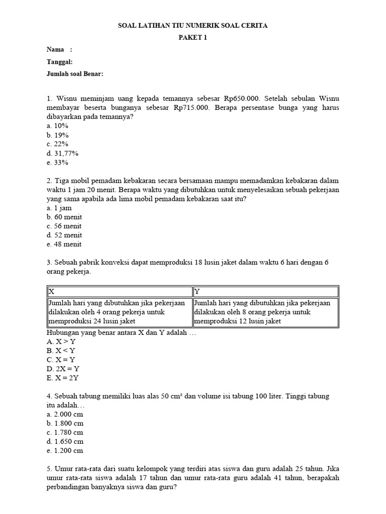 Soal Latihan Numerik Soal Cerita | PDF