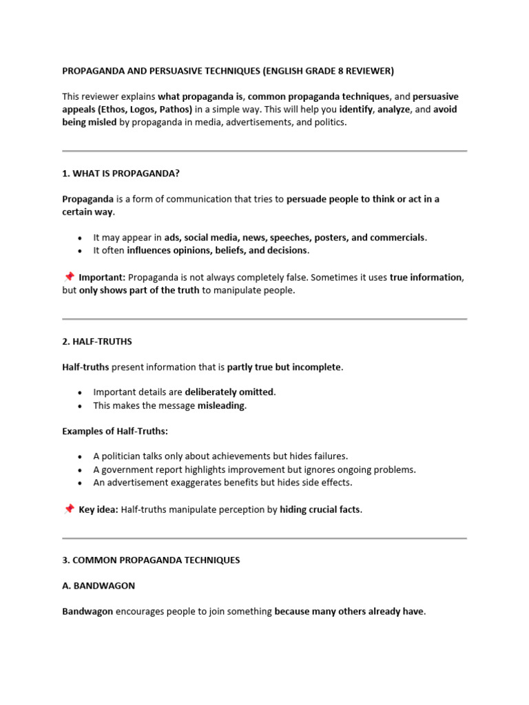 Propaganda and Persuasive Techniques (English Grade 8 Reviewer) | PDF