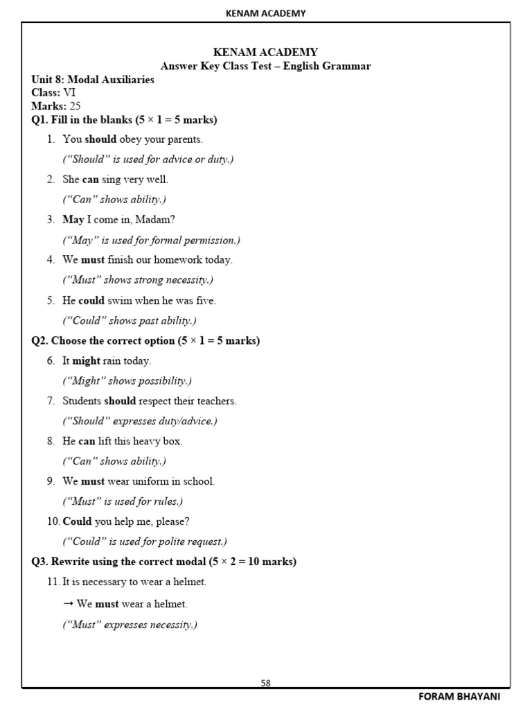 CLASS-6 Answer Key Class Test English Grammar Unit - 8 | PDF | Chess ...