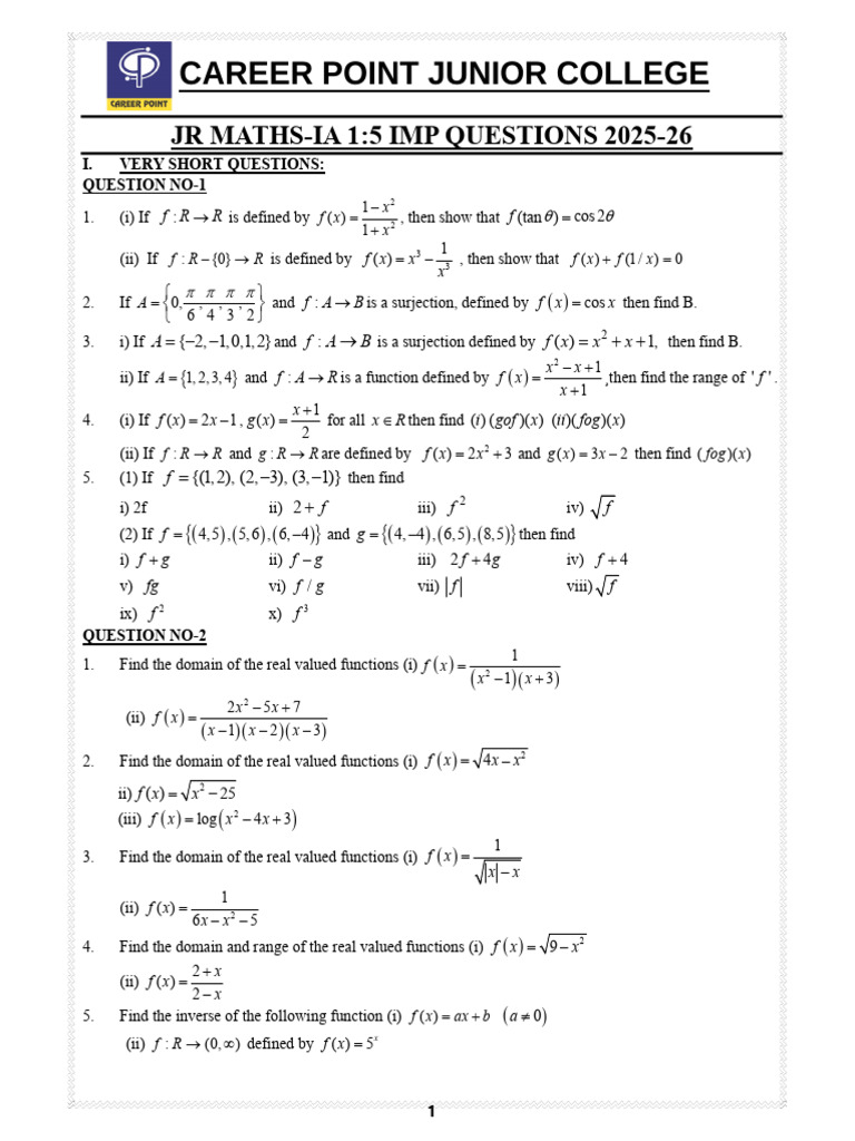 Ipe JR Maths-Ia Imp Questions (2025-26) | PDF | Mathematical Analysis ...