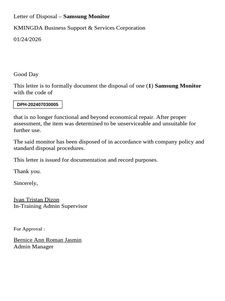 Letter of Disposal - Samsung Monitor | PDF