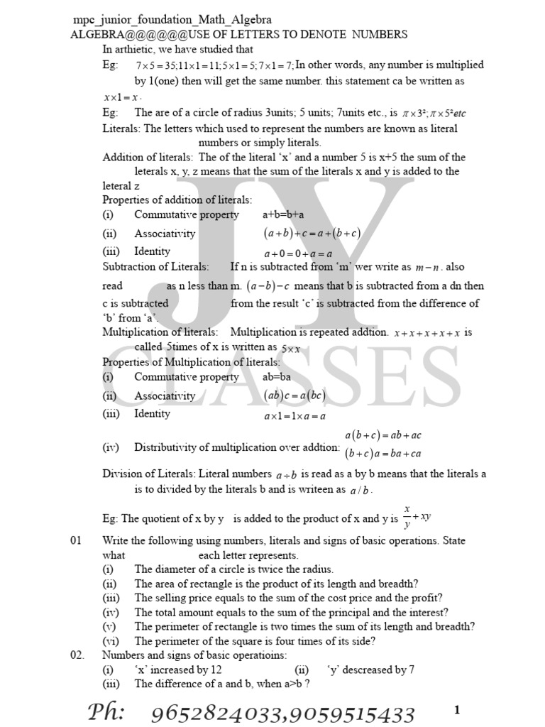 MPC Junior Foundation Math Algebra | PDF | Multiplication | Numbers
