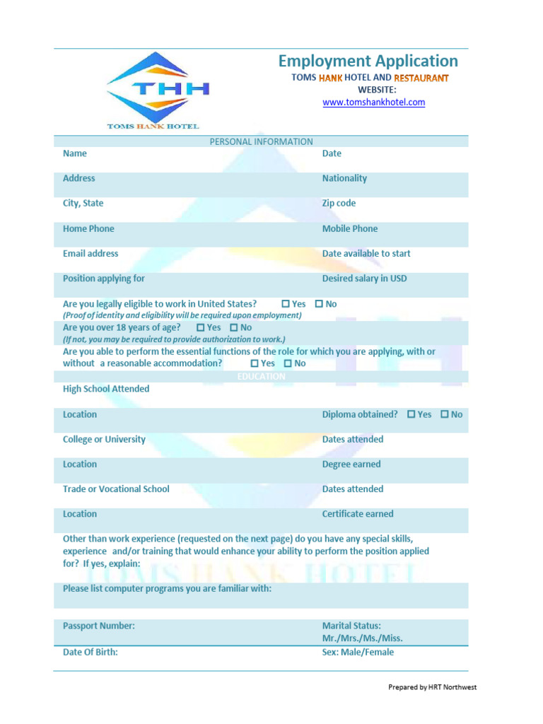 Toms Hank Hotel, Employment Application and Interview Form. | PDF