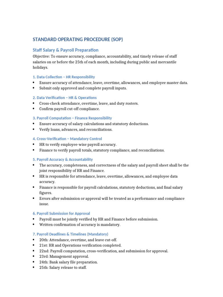 SOP Payroll Preparation HR Finance Final | PDF