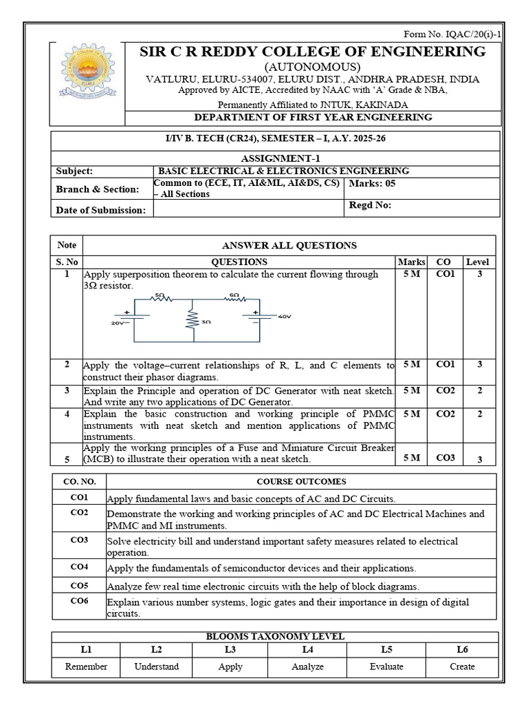 BEEE Assignment 1 (25 26) | PDF | Electrical Network | Electronic ...