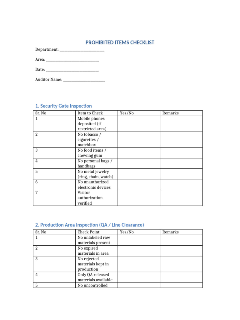 Prohibited Items Checklist QA Security | PDF