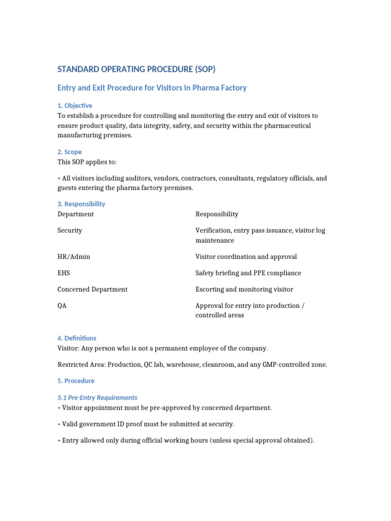 SOP Visitor Entry Exit Pharma Factory | PDF | Verification And Validation
