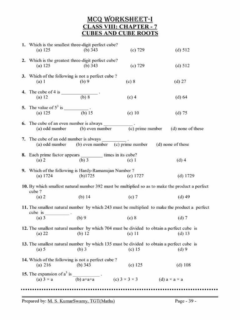 Cube and Cube Roots (Worksheet) | PDF