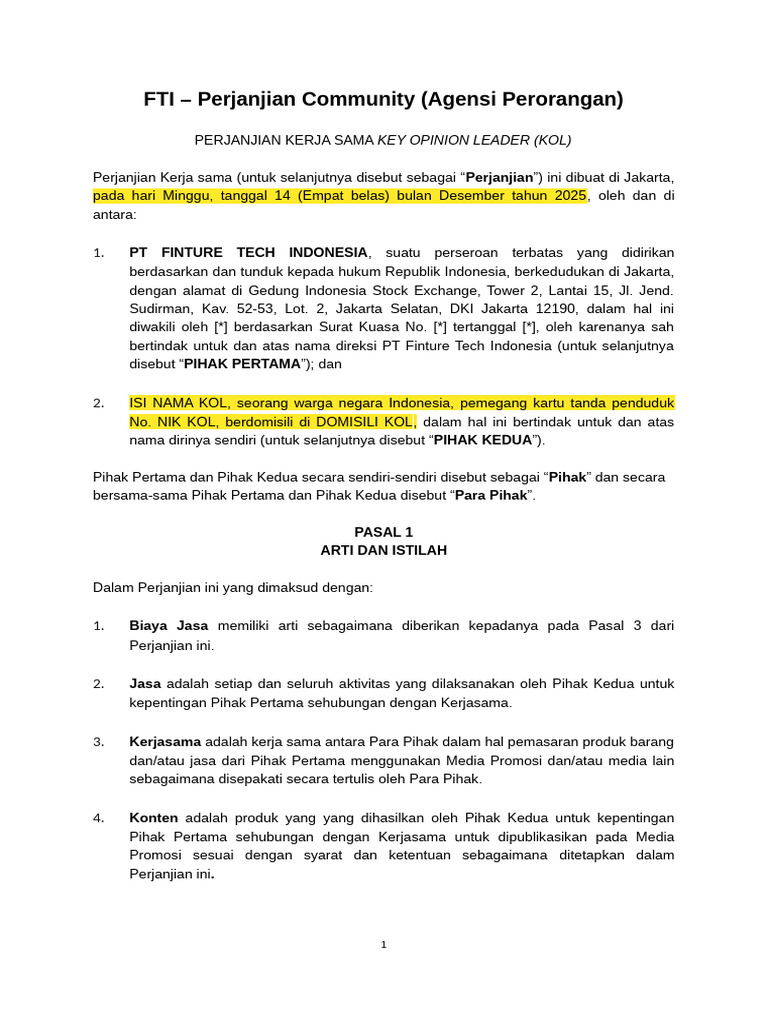 Perjanjian Kerjasama Yup - (Isi Nama Kol 14 Des) | PDF
