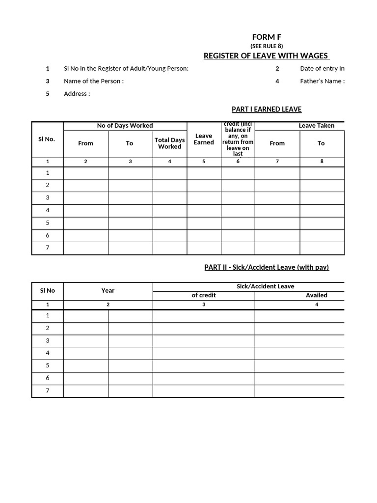 Form F - Register of Leave With Wages - KA - S&E | PDF | Employee ...