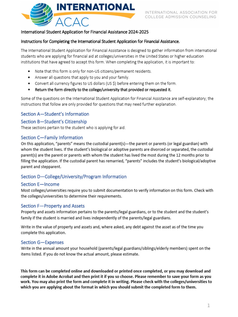 International Student Application For Financial Assistance 2024 ...