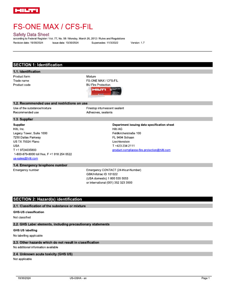 FS - One Max - MSDS | PDF