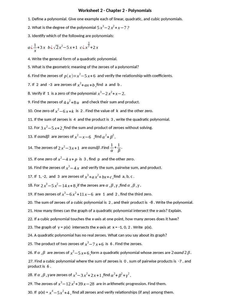 Worksheet 2 Grade 10 | PDF | Polynomial | Zero Of A Function