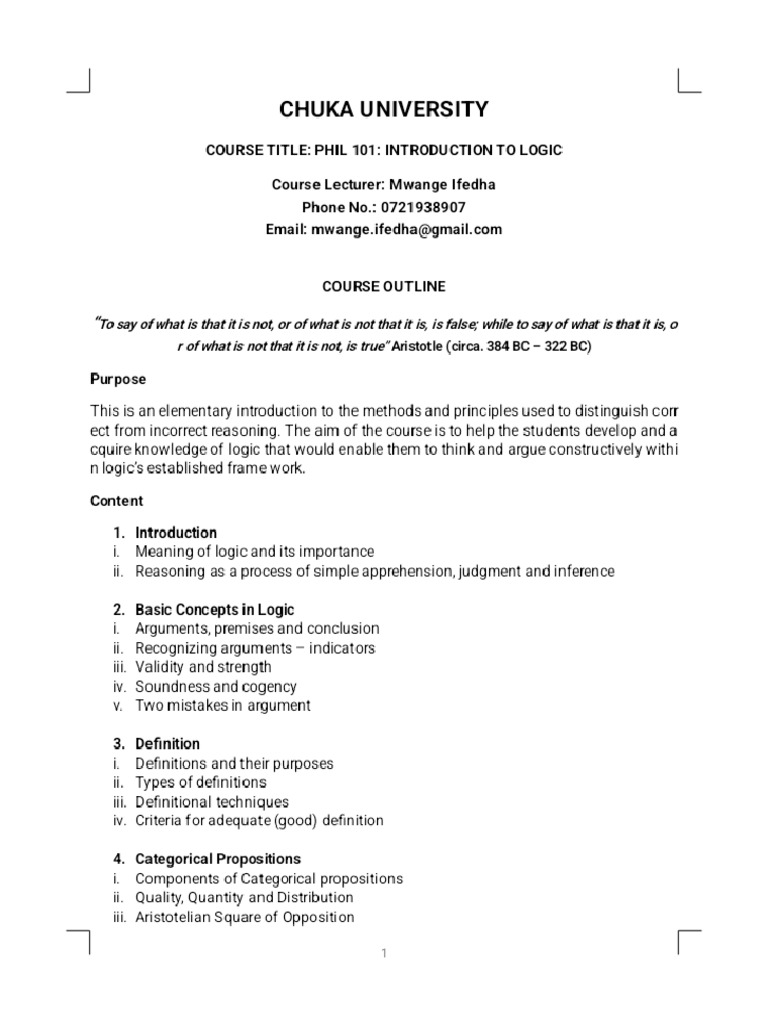 Phil 101 Introduction To Logic Course Outline Chuka Uni (1) (1 ...