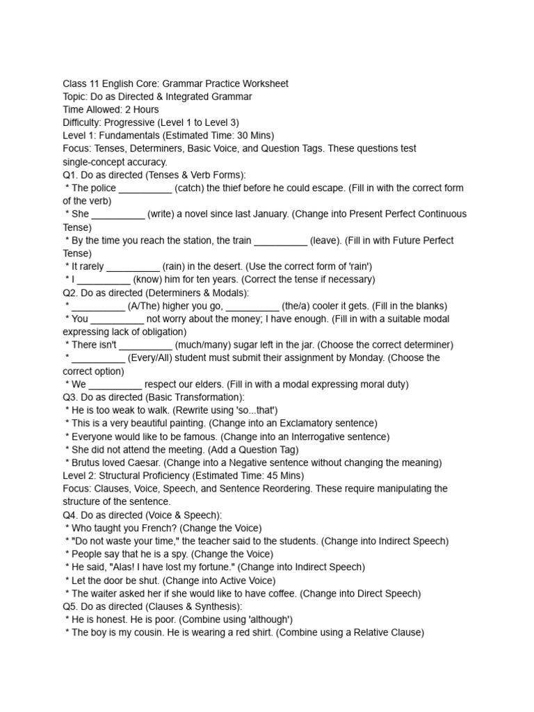 Class 11 English Core - Grammar Practice Worksheet | PDF | Grammatical ...