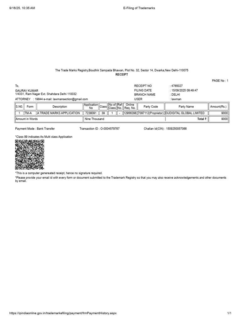 TM Receipt Class 39 Du Global | PDF