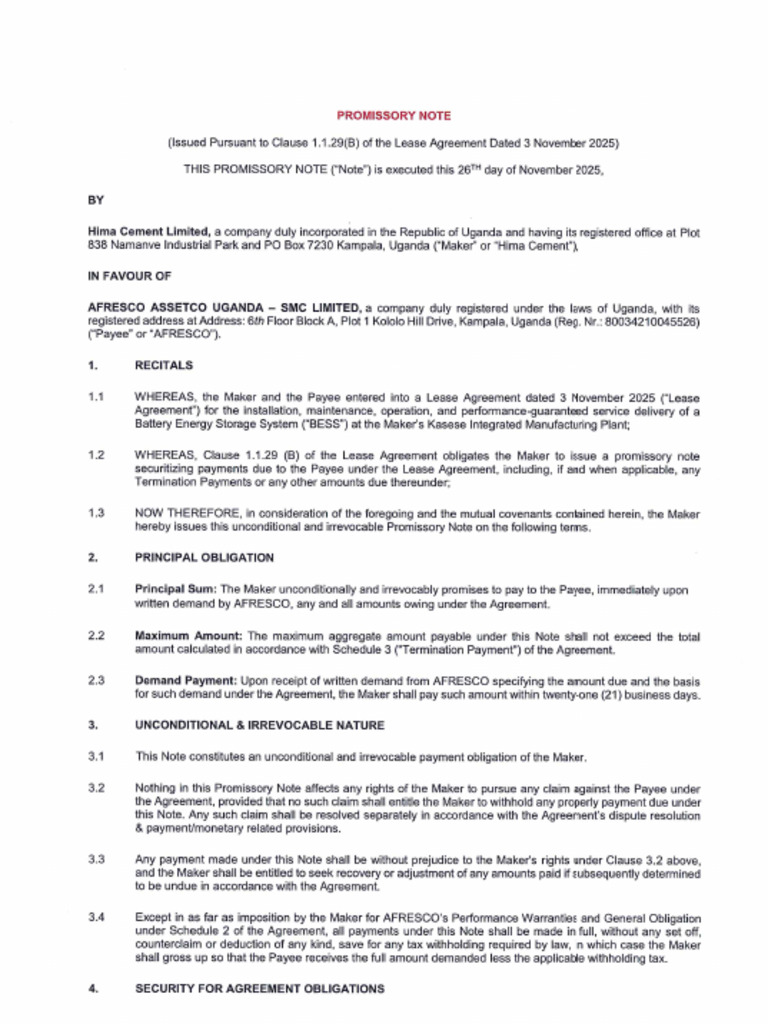 Promissory Note Hima Cement Limited AFRESCO Asset Co SMC Limited | PDF