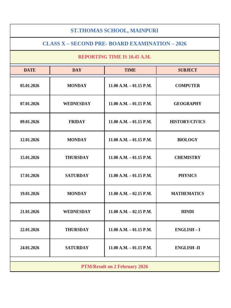 X - Second Pre - Board Time Table | PDF