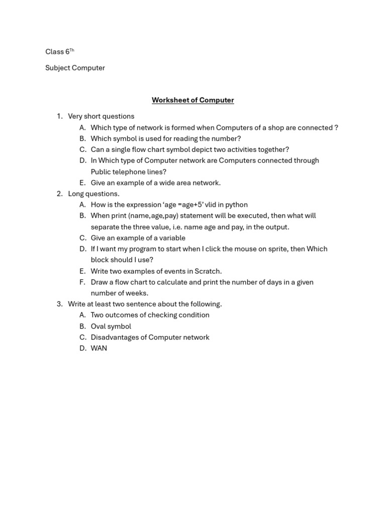 Class 6th Computers Practice Worksheet | PDF