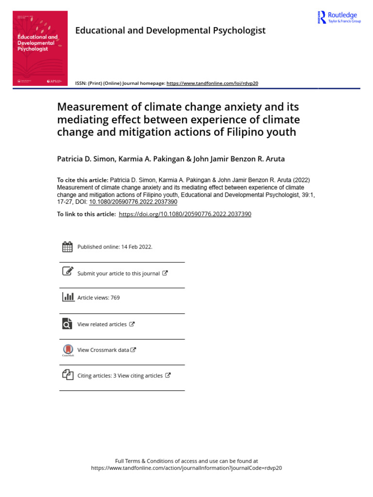 Measurement of Climate Change Anxiety and Its Mediating Effect Between ...