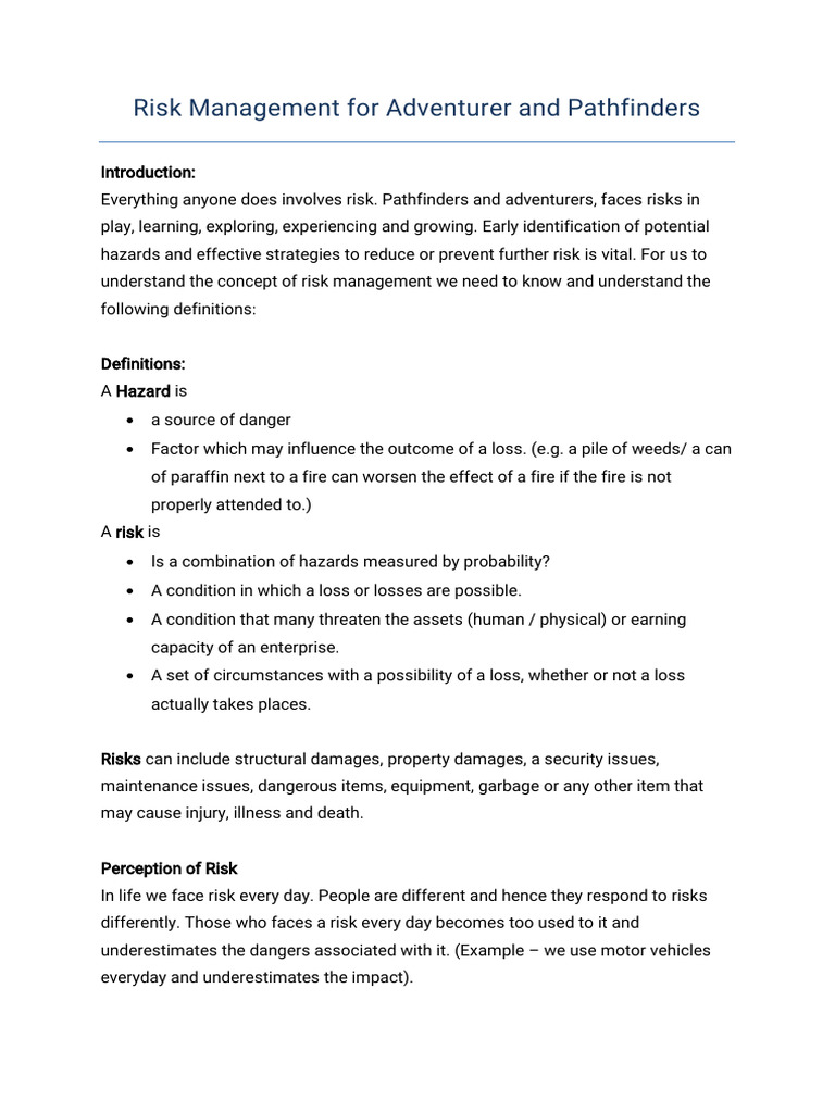 Risk Management For Adventurer and Pathfinders | PDF