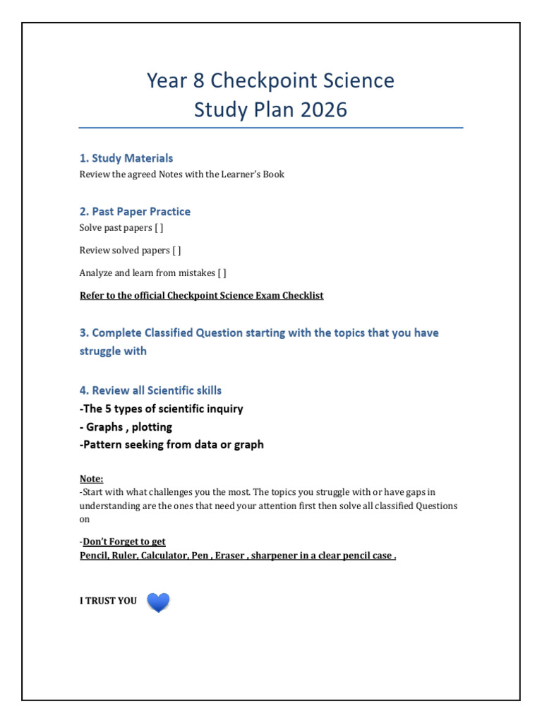 Year 8 Science Study Plan 2026 | PDF
