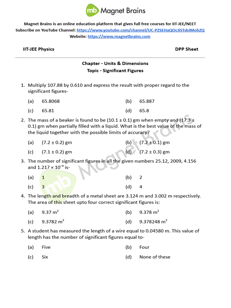 IIT-JEE Physics - Units & Dimensions - Significant Figures DPP | PDF ...
