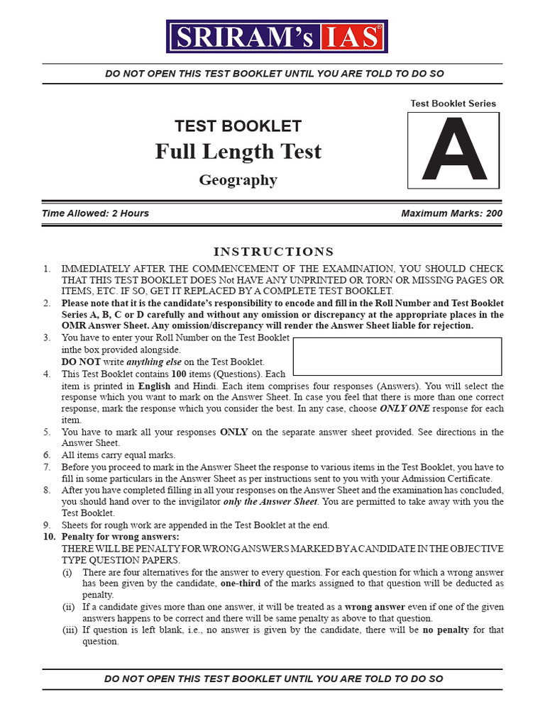 Full Length Test Geography Question Paper | PDF