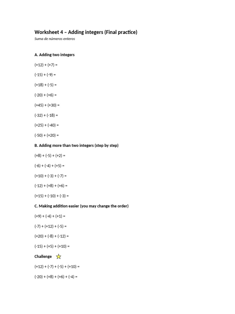 Worksheet 4 - Adding Integers (Final Practice) | PDF
