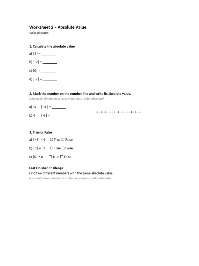 Worksheet 2 - Absolute Value | PDF