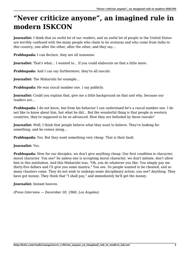 Never Criticize Anyone An Imagined Rule in Modern Iskcon | PDF