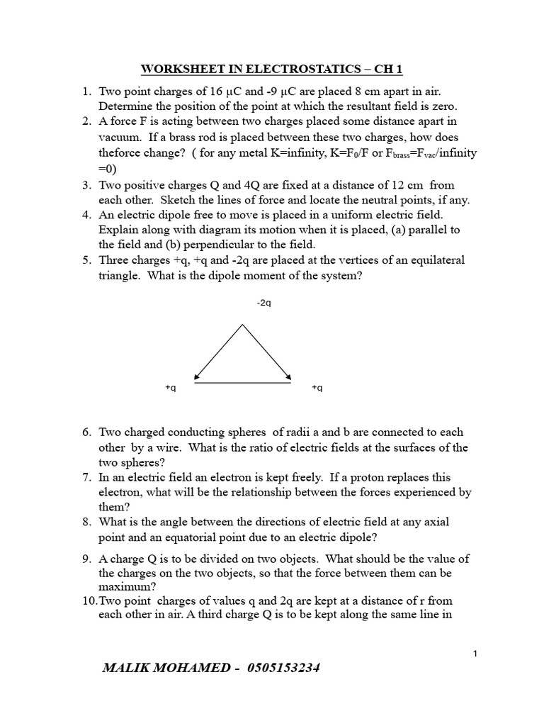 Worksheet in Electrostatics | PDF | Force | Electric Field