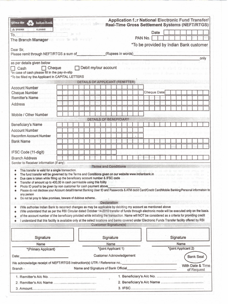 Indian Bank RTGS NEFT Form | PDF